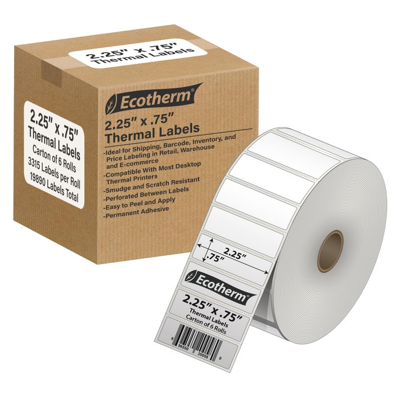 Ecotherm 2.25" x .75" Thermal Labels | 6 Rolls | 19890 Labels | fits Zebra, Munbyn, Rollo, Godex, Arkscan, iDPRT, Offnova Thermal Label Printers and More | Blank White Adhesive Stickers by Ecotherm - Image 1